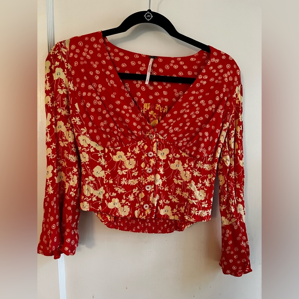 Free People • Floral Red Blouse with V Neck & Button Front
